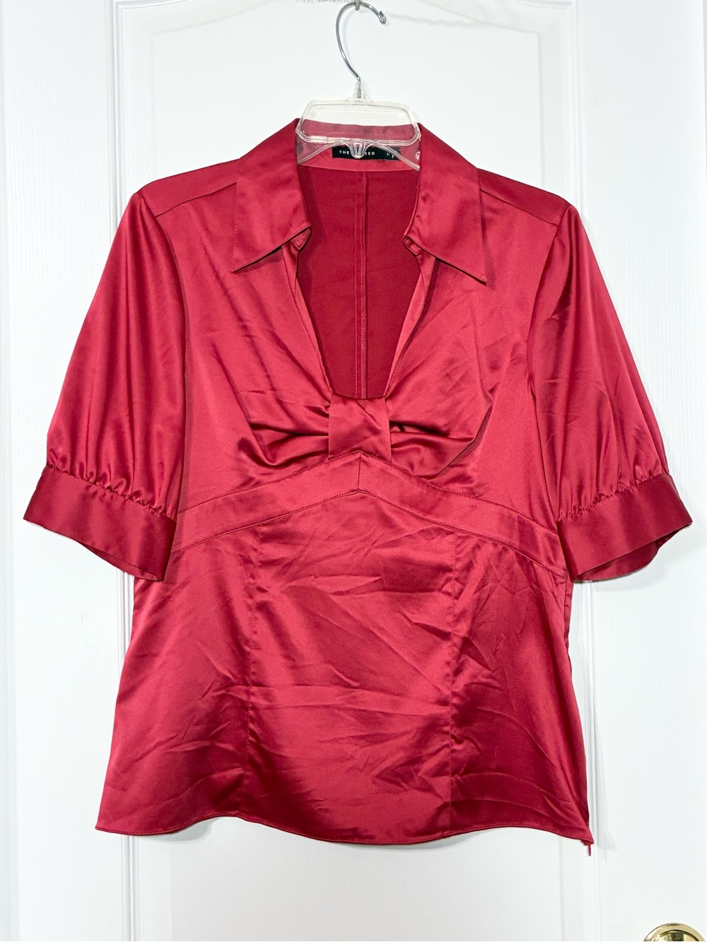 Y2K The Limited Bow Front Silky Collared Side Zip Blouse Reddish Pink Size Large